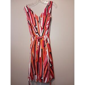Calvin‎ Klein Orange Black White Bold Striped Belted Classic Midi Dress 4